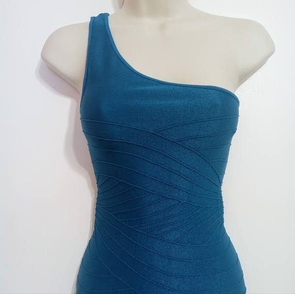 Bebe One Shoulder Bodycon Dress Aqua Knit Small - Picture 2 of 11